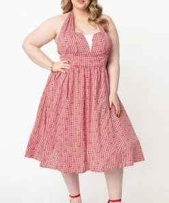 Unique Vintage Sheila Gingham & Cherry Swing Dress - Red