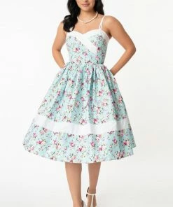 Unique Vintage Darienne Swing Dress - Blue/Pink Floral