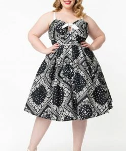 Unique Vintage Rockie Swing Dress - Black Paisley Print