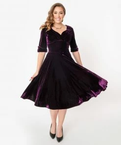 Unique Vintage Velvet Delores Swing Dress - Purple