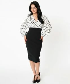 Unique Vintage Swanson Wiggle Dress - Ivory & Black Dot
