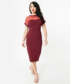 Unique Vintage Beaulieu Pencil Dress - Burgundy