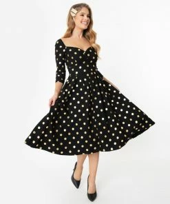 Unique Vintage Lamar Swing Dress - Black & Gold Dot