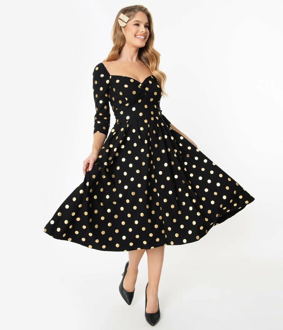 Unique Vintage Lamar Swing Dress - Black & Gold Dot 3 Unique Vintage Lamar Swing Dress - Black & Gold Dot