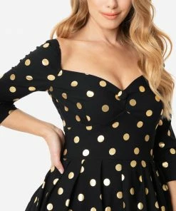Unique Vintage Lamar Swing Dress - Black & Gold Dot 8 Unique Vintage Lamar Swing Dress - Black & Gold Dot