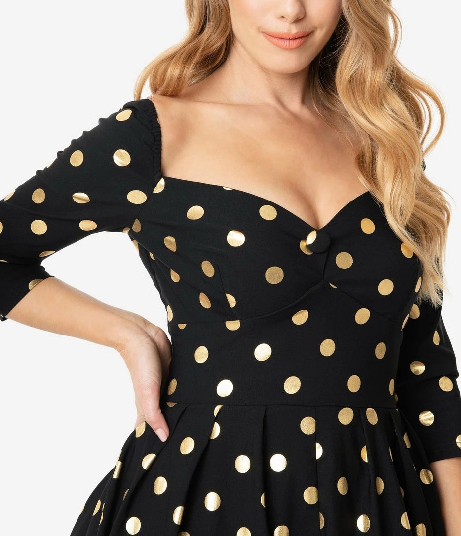 Unique Vintage Lamar Swing Dress - Black & Gold Dot 5 Unique Vintage Lamar Swing Dress - Black & Gold Dot