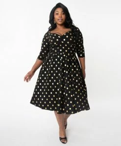 Unique Vintage Lamar Swing Dress - Black & Gold Dot 9 Unique Vintage Lamar Swing Dress - Black & Gold Dot