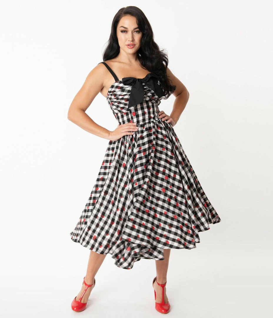 Unique Vintage Golightly Strawberry Gingham Swing Dress 3 Unique Vintage Golightly Strawberry Gingham Swing Dress
