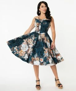 Unique Vintage Orchard Navy Floral Swing Dress