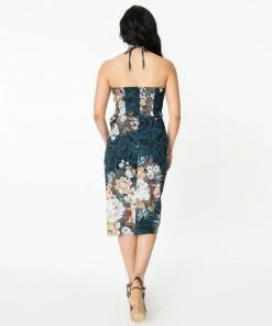 Unique Vintage Navy Floral Sarong Wiggle Dress