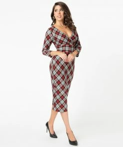 Unique Vintage Lyddie Dress - Red / Grey Plaid