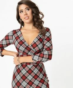Unique Vintage Lyddie Dress - Red / Grey Plaid