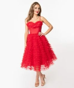 Unique Vintage Cupcake Red Tulle Swing Dress