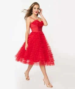 Unique Vintage Cupcake Red Tulle Swing Dress
