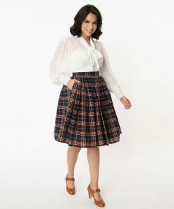 Unique Vintage Plaid Swing Skirt - Navy & Orange