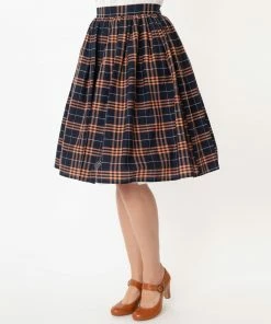 Unique Vintage Plaid Swing Skirt - Navy & Orange