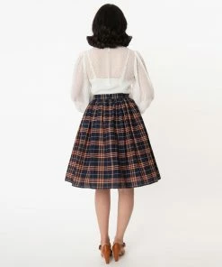 Unique Vintage Plaid Swing Skirt - Navy & Orange