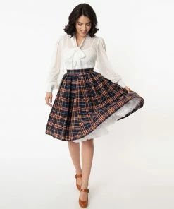 Unique Vintage Plaid Swing Skirt - Navy & Orange
