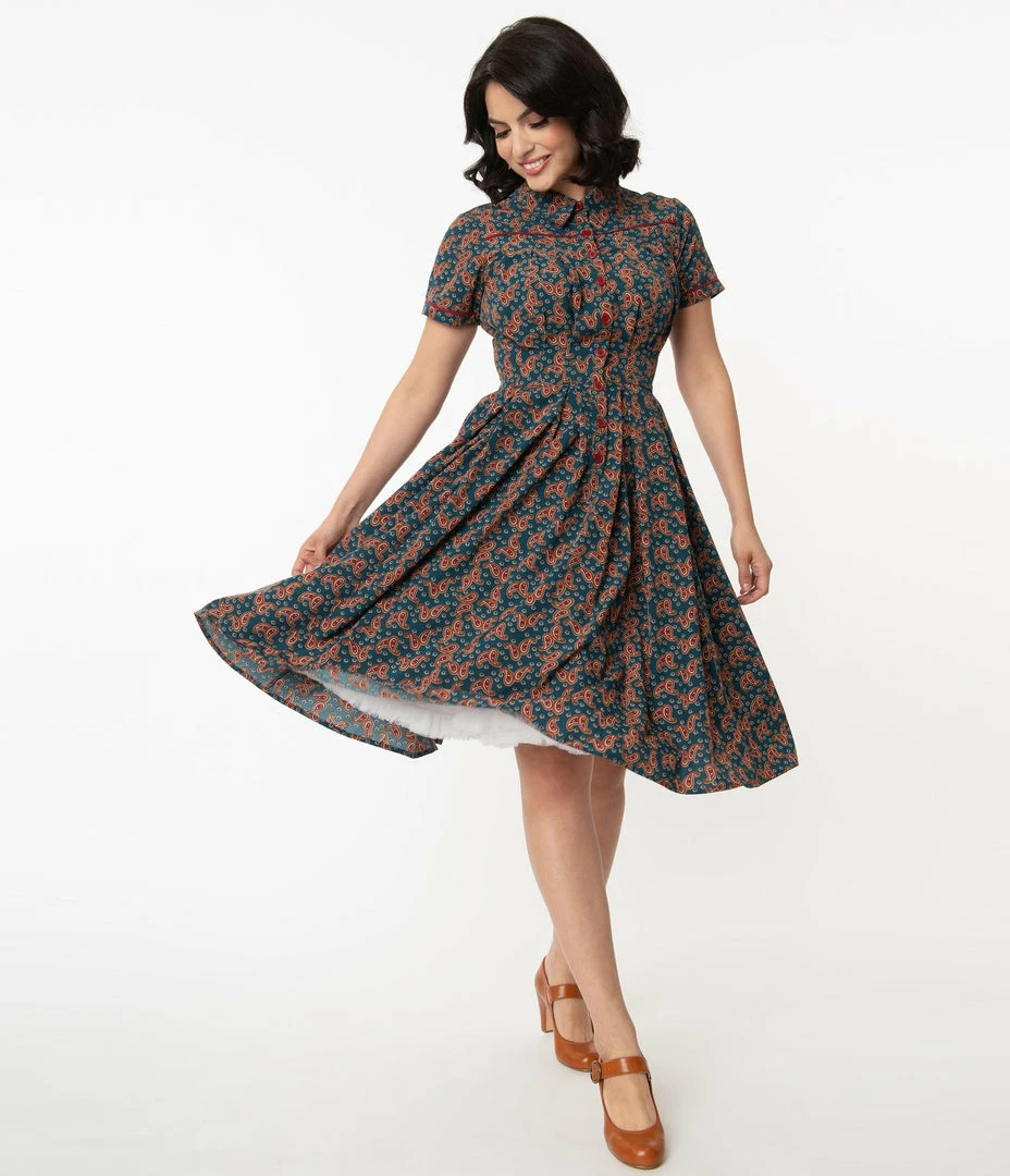 Unique Vintage Springfield Paisley Teal Swing Dress 7 Unique Vintage Springfield Paisley Teal Swing Dress