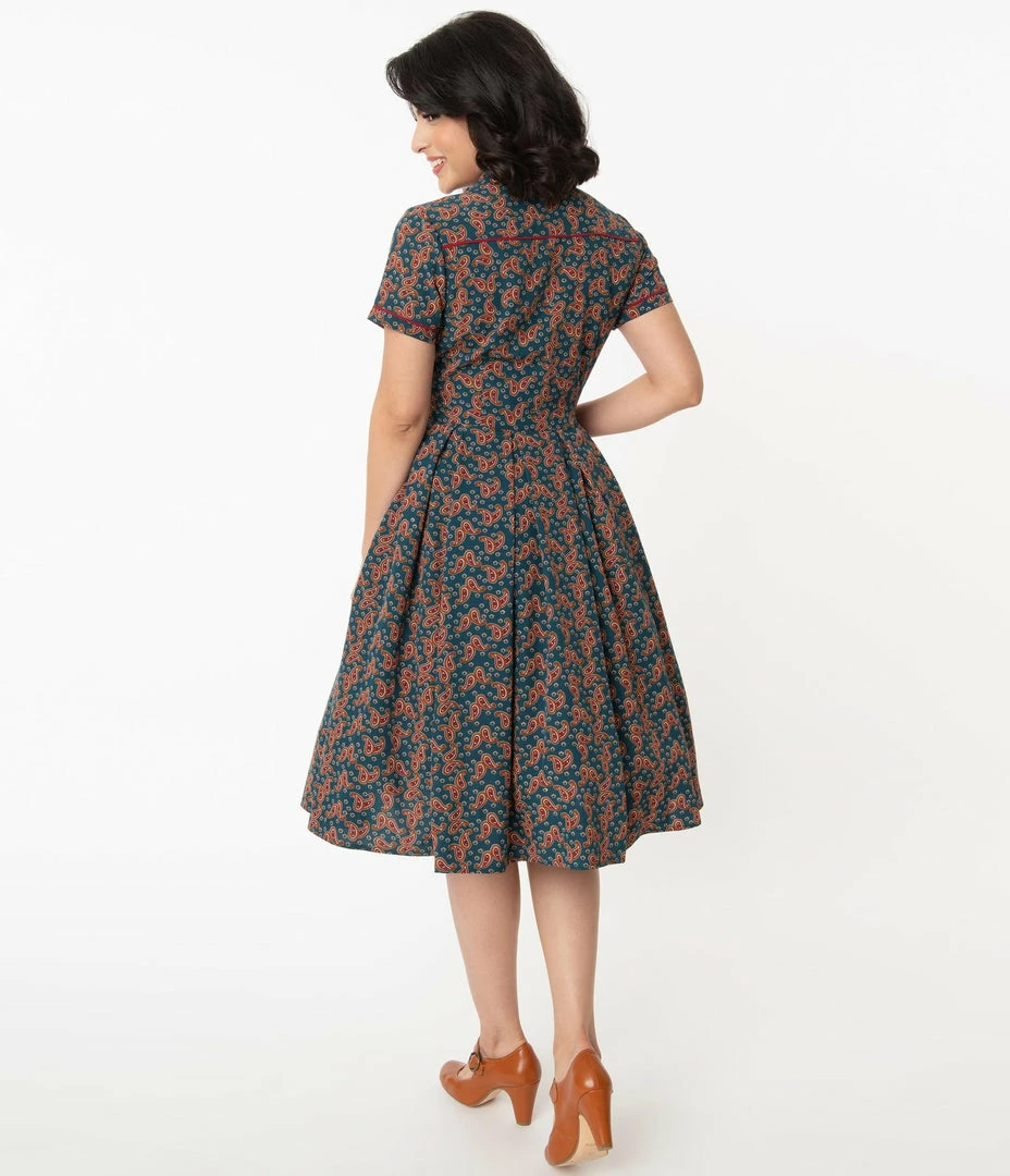 Unique Vintage Springfield Paisley Teal Swing Dress 8 Unique Vintage Springfield Paisley Teal Swing Dress
