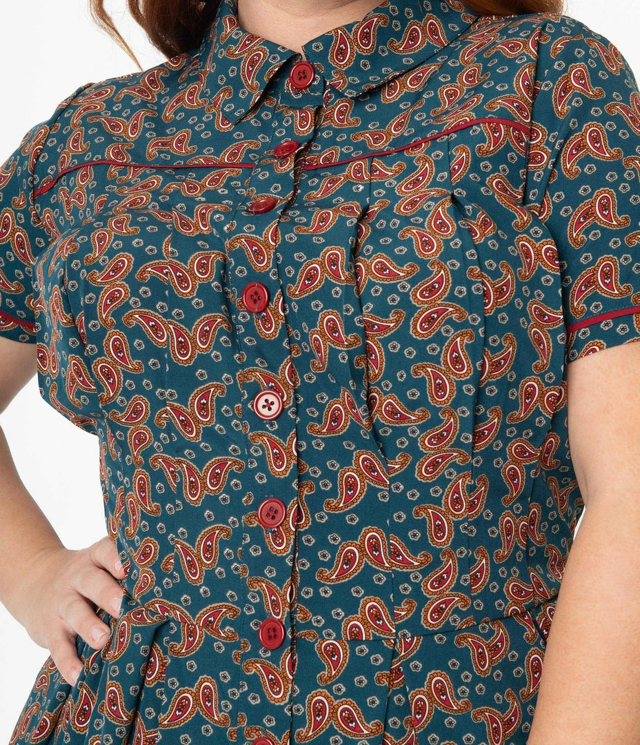 Unique Vintage Springfield Paisley Teal Swing Dress 6 Unique Vintage Springfield Paisley Teal Swing Dress