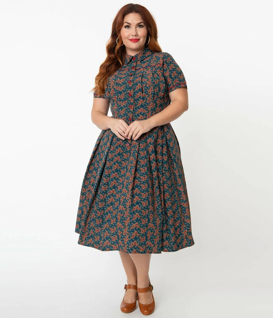 Unique Vintage Springfield Paisley Teal Swing Dress 4 Unique Vintage Springfield Paisley Teal Swing Dress