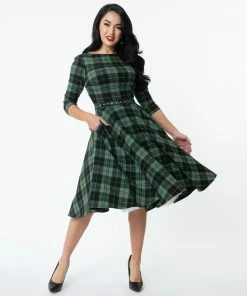Unique Vintage Devon Swing Dress - Black/Green Plaid