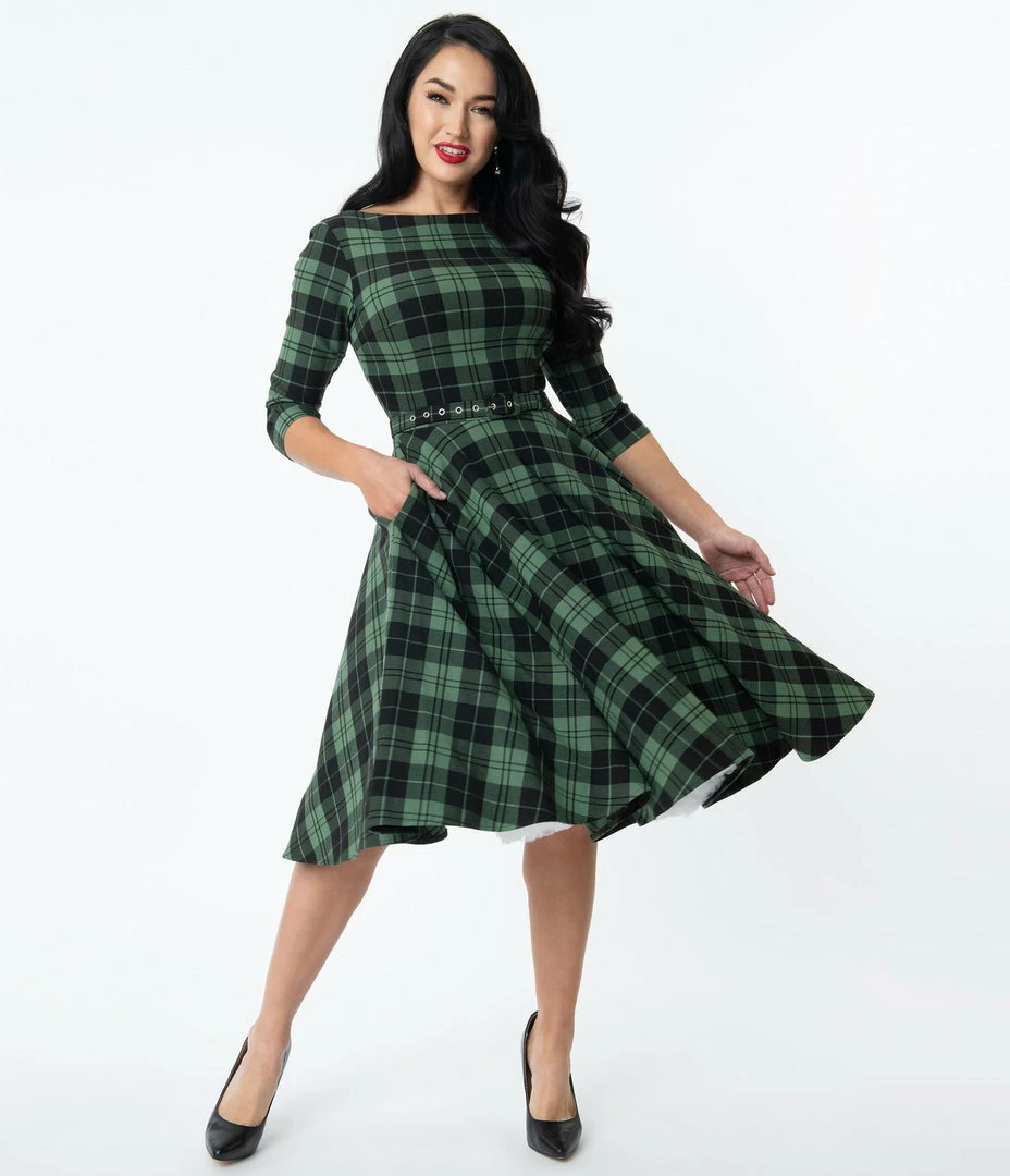 Unique Vintage Devon Swing Dress - Black/Green Plaid 3 Unique Vintage Devon Swing Dress - Black/Green Plaid