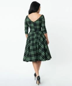 Unique Vintage Devon Swing Dress - Black/Green Plaid