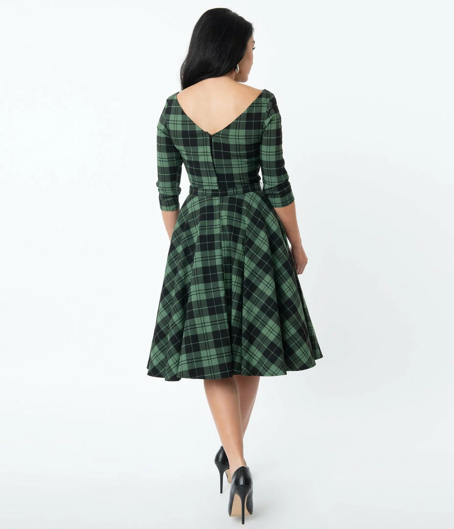 Unique Vintage Devon Swing Dress - Black/Green Plaid 4 Unique Vintage Devon Swing Dress - Black/Green Plaid