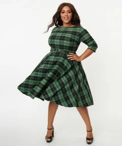 Unique Vintage Devon Swing Dress - Black/Green Plaid 10 Unique Vintage Devon Swing Dress - Black/Green Plaid