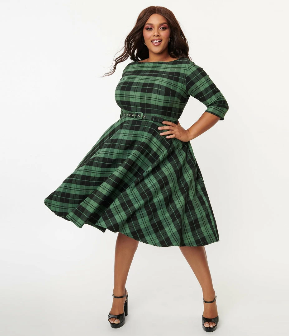 Unique Vintage Devon Swing Dress - Black/Green Plaid 6 Unique Vintage Devon Swing Dress - Black/Green Plaid
