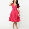 Unique Vintage Doreen Hot Pink & Red Polka Dot Swing Dress