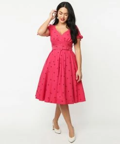 Unique Vintage Doreen Hot Pink & Red Polka Dot Swing Dress