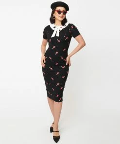 Unique Vintage Renata Black & Pierced Heart Pencil Dress