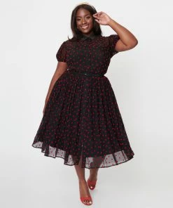 Unique Vintage Hollie Black & Red Hearts Swing Dress