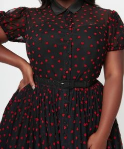 Unique Vintage Hollie Black & Red Hearts Swing Dress