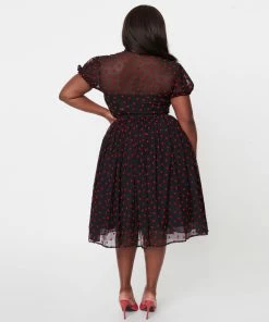 Unique Vintage Hollie Black & Red Hearts Swing Dress