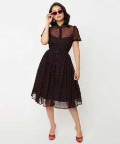 Unique Vintage Hollie Black & Red Hearts Swing Dress