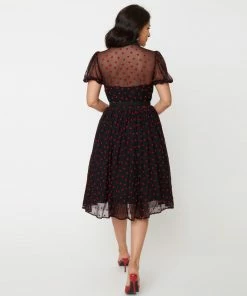 Unique Vintage Hollie Black & Red Hearts Swing Dress