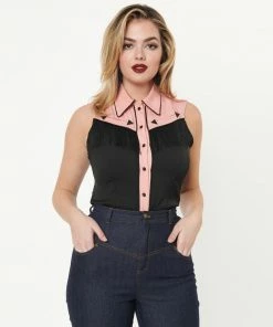 Unique Vintage Western Prairie Girl Blouse - Pink & Black