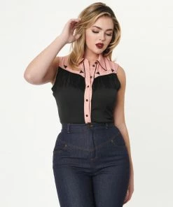Unique Vintage Western Prairie Girl Blouse - Pink & Black