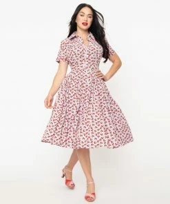 Unique Vintage Springfield Lavender & Cherry Swing Dress
