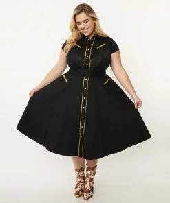 Unique Vintage Madeline Western Swing Dress - Black/Gold