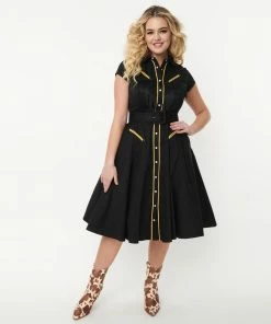 Unique Vintage Madeline Western Swing Dress - Black/Gold