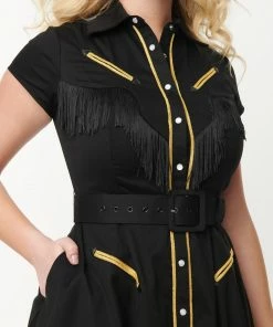 Unique Vintage Madeline Western Swing Dress - Black/Gold