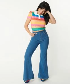 Unique Vintage Rainbow Embroidered Bellbottom Jeans