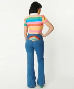 Unique Vintage Rainbow Embroidered Bellbottom Jeans