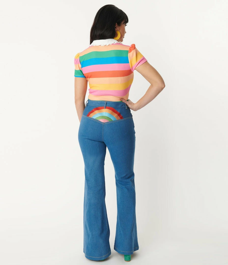 Unique Vintage Rainbow Embroidered Bellbottom Jeans 4 Unique Vintage Rainbow Embroidered Bellbottom Jeans