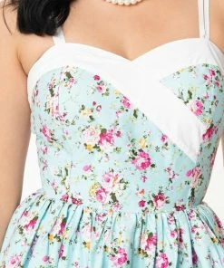 Unique Vintage Darienne Swing Dress - Blue/Pink Floral